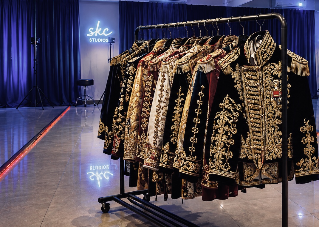SKC costume rail of gold-embroidered military-style stage jackets under blue studio neon