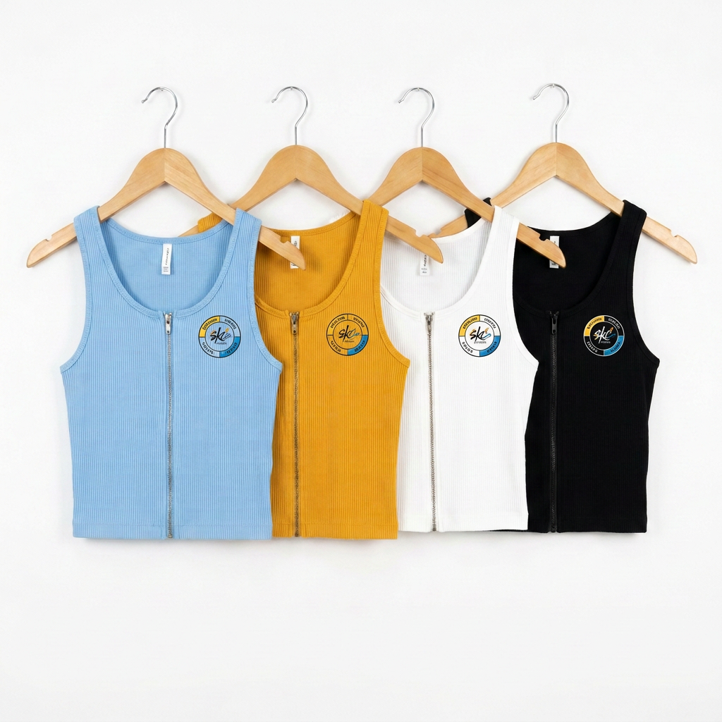 SKC-branded ribbed zip-crop tank tops lineup — sky-blue, mustard, white and black colourways with SKC chest logo
