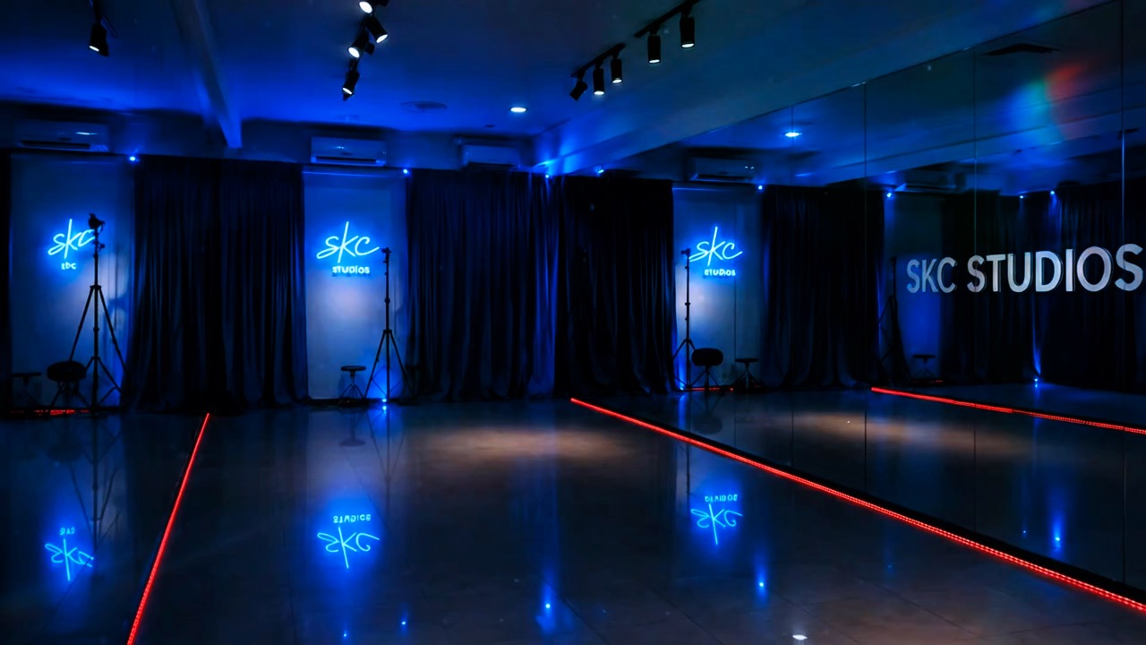 The SKC Studios floor lit in blue neon — come and visit us