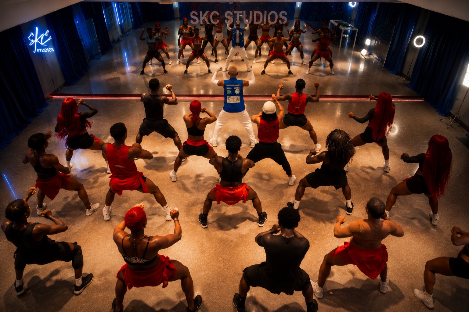 Full class rehearsing at SKC Studios under the neon studio logo