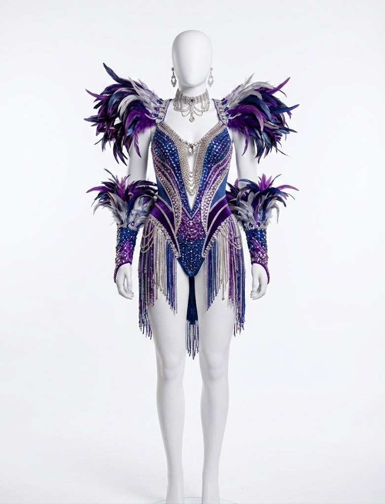 Purple and silver crystal showgirl leotard with feathered shoulder and arm pieces
