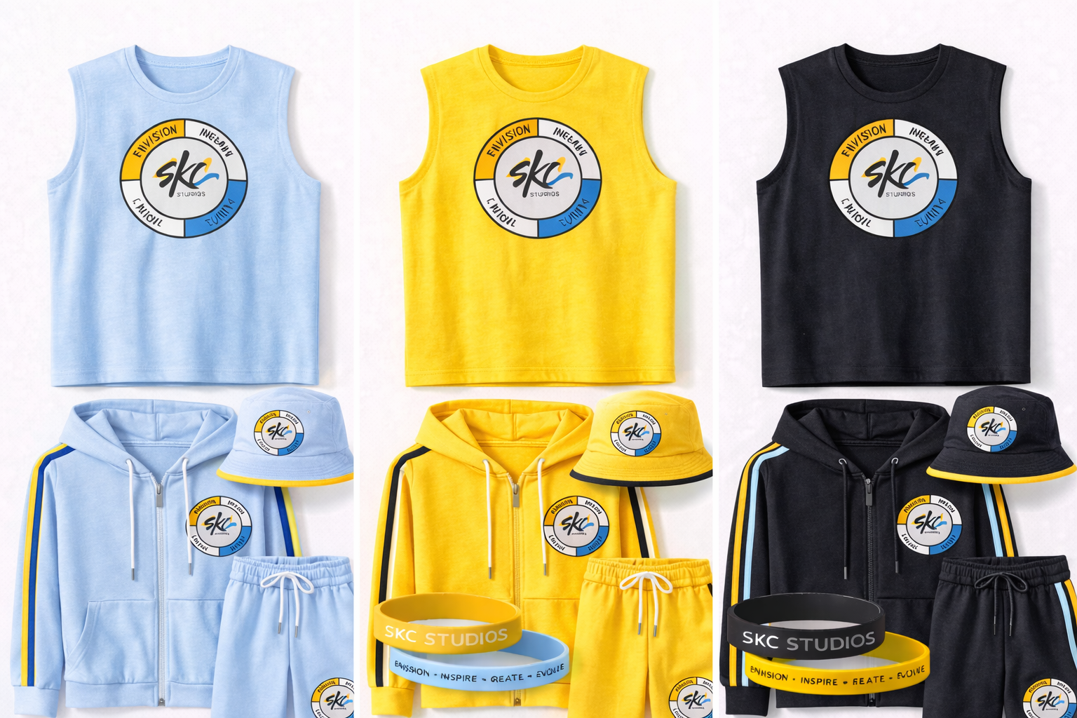 SKC alternative sportswear full lineup — sky-blue, yellow and black zip-crop tanks with matching tracksuits, bucket hats and wristbands