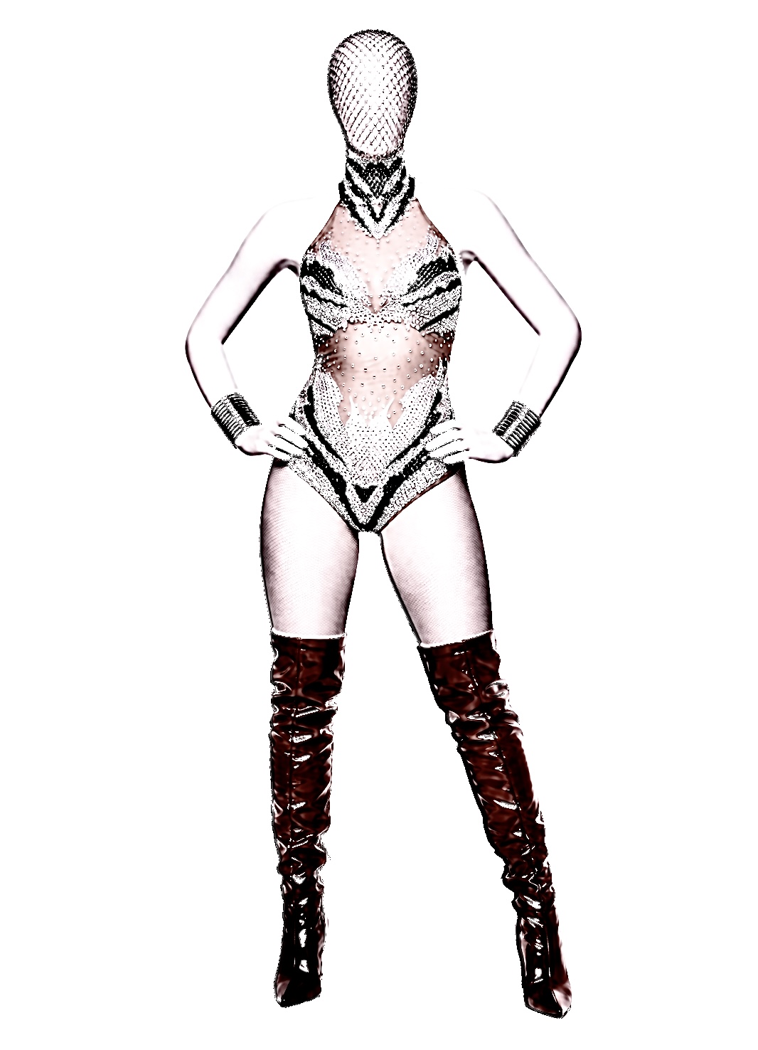 Crystal-embellished bodysuit with hooded mask, cuffs and thigh-high boots
